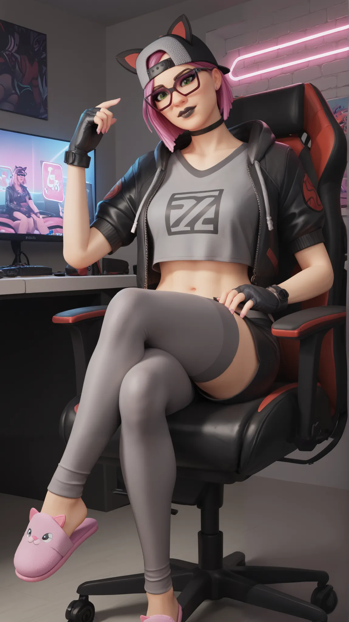 girl (masterpiece),choker,black lips,black cap,fingerless gloves,evening (only)loose Dark gray V-neck t-shirt, Black jacket (black leather shorts with grey leggings),video games,gamer room,with neon light,beautiful green eyes,short pink hair,glasses,sittin...