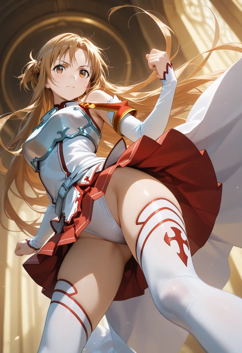 best quality, good quality, amazing quality, very aesthetic, absurdres, masterpiece, 1girl, aaasuna, long hair, brown hair, braid, brown eyes, breastplate, bare shoulders, white dress, detached sleeves, white sleeves, white belt, pleated skirt, red skirt, ...