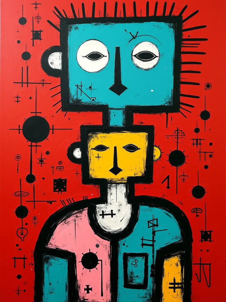 masterpiece, best quality, high resolution, abstract painting, vibrant red background, (neo-expressionism:1.2), (street art style:1.1), two stylized figures, interconnected, bold black outlines, (white, yellow, turquoise, pink, and black geometric shapes:1...