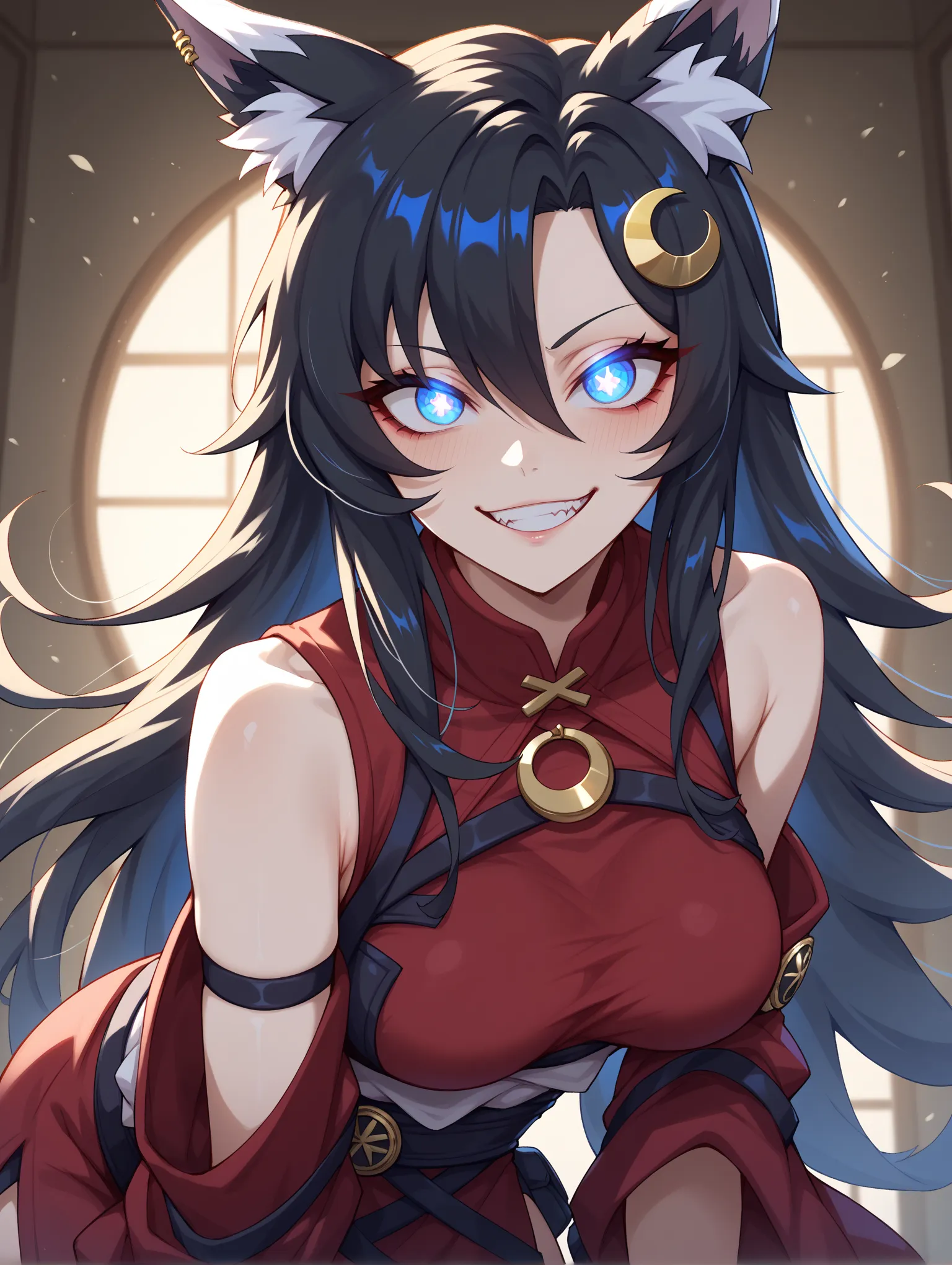 1girl, Long Hair, Breasts, Smile, Blue eyes, Animal Ears, Blurry, Fox Ears, Masterpiece, Detail, Black Hair, Symbol-Shaped Pupils, Bright Pupils, Light Blush, Smirk, Evil Smile, Yandere, Crazy Eyes, Gradient Eye Color, Glowing Eyes, Gradient Eyes, Naughty ...