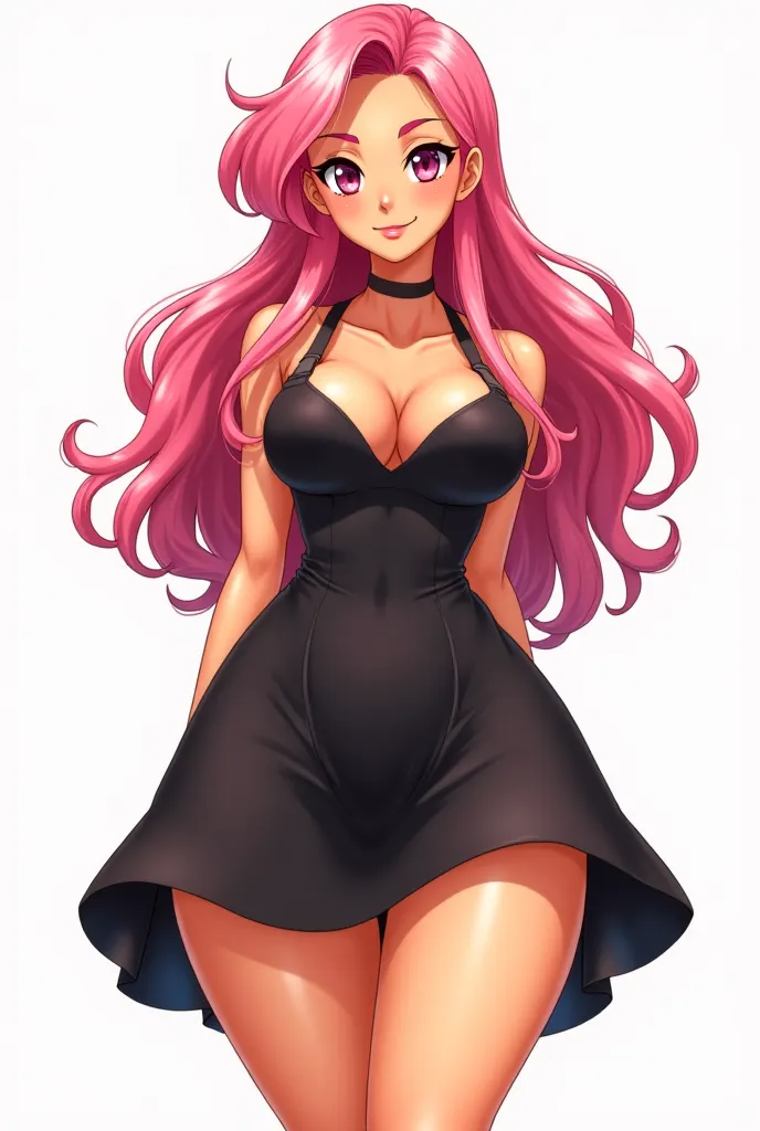 Anime cartoon drawn girl with tan skin,big chest,black flowing short dress,thick thighs,skinny and curly long pink hair