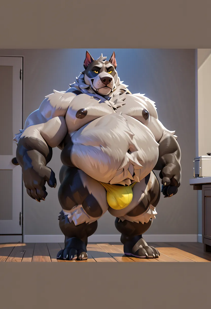 An unusually big anthropoid, its huge and round belly is dominant; t-pose, t-posing, t-posing 3d model,t-, male,canine, anthropoid, dog, pitbull:1.4, (fur:1.8, thick furred body, fluffy fur, thick fur, naked),( cut ears:1.0), cloth between thighs, bulge, c...