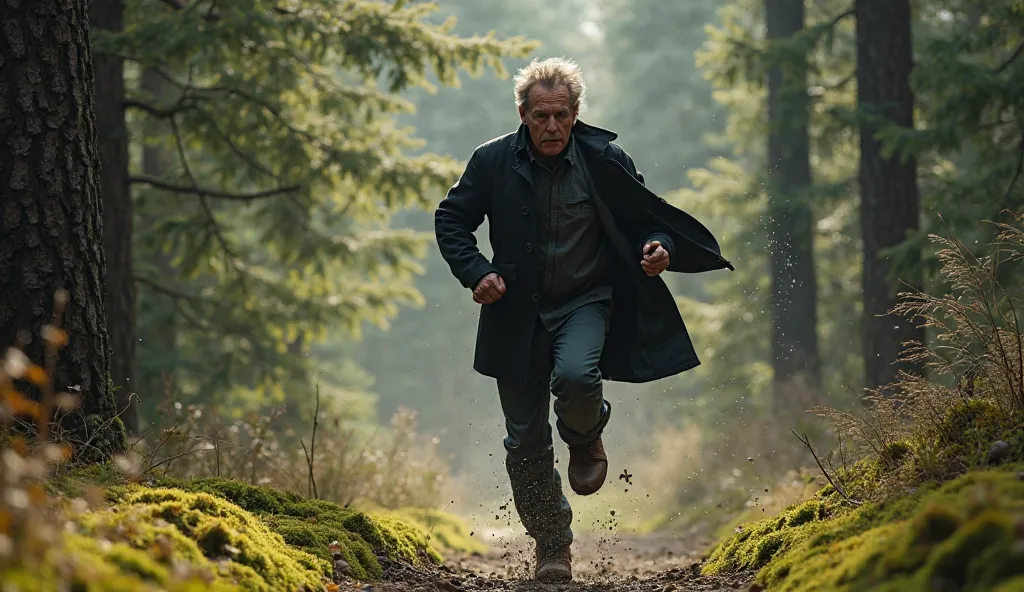 A realistic photo of a man running in the forest wearing a black coat 