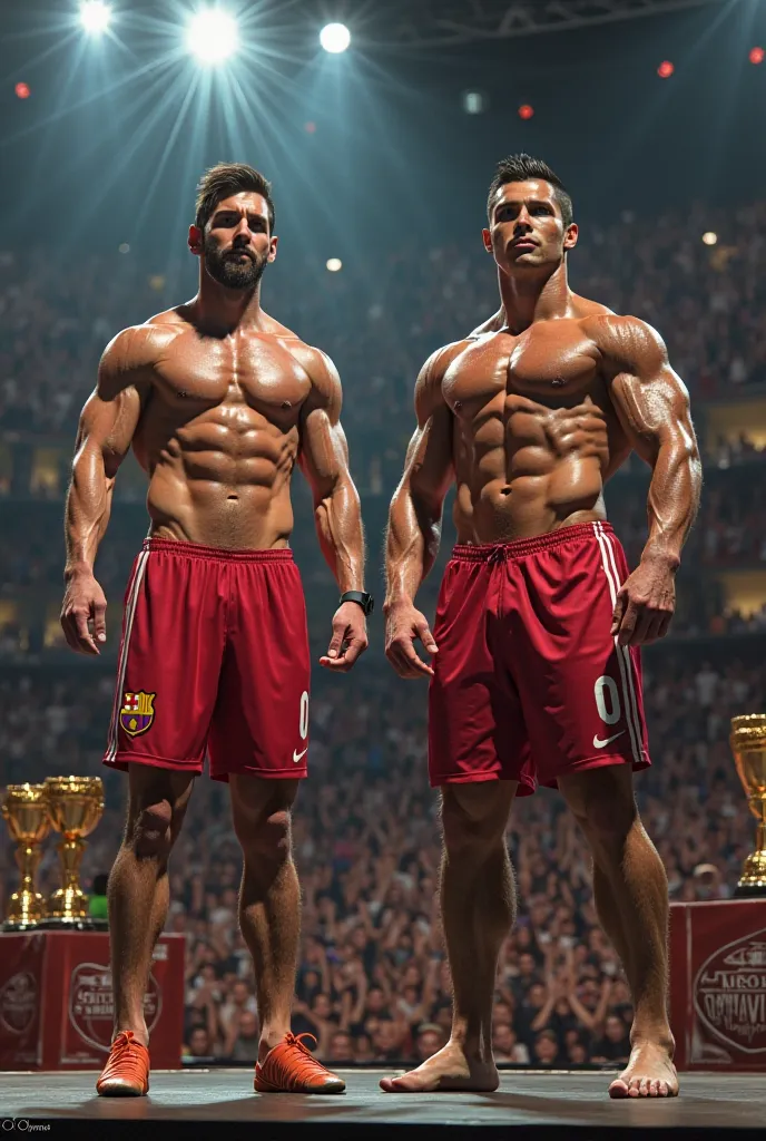 Messi and Cristiano Ronaldo on stage at Mr. Olympia Bodybuilding 