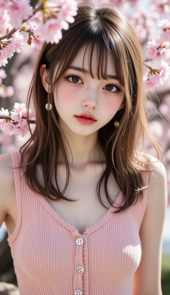 (masterpiece:1.3), (8k), (best quality:1.4), (ultra high definition:1.2), (realistic:1.3), (RAW photo), (1 girl), (Ultra-fine), (detailed faces), Perfect, beautiful, and cute face , ( detail hair ), medium length straight brown hair standing confidently un...