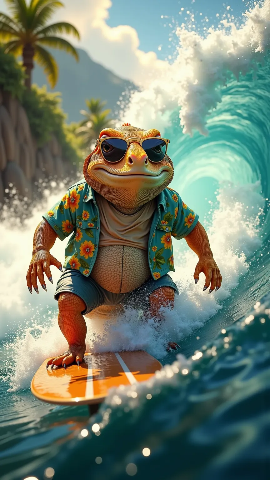 photorealistic portrait of Dressed animals - a ((fat)) cute (iguana) surfer,solo,(surfing:1.5),(happy smile), (riding on surfboard:2.0), (riding on waves :2.0),(dynamic angle:1.2),high quality,(cool),(dynamic action pose) ,intricate details, (), highly det...