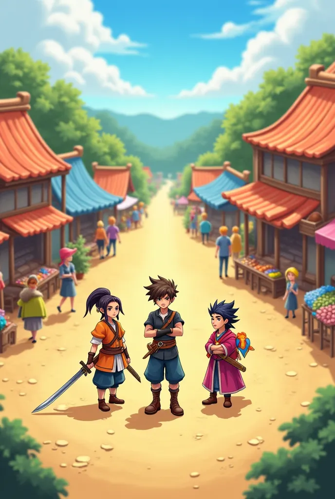 "Kai stands in the middle of a village square, meeting his new companions. Mia, a fierce female warrior with a long sword, has a confident stance. Riku, a clever mage in colorful robes, holds a glowing spellbook. The village is lively with market stalls an...