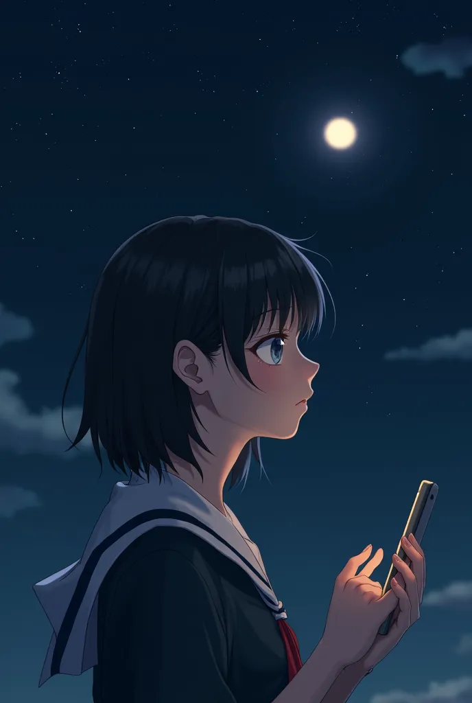 in the high-definition image、cute 18-year-old Japanese high school student、 very cute face 、 looking at sky at night、 Face Details 、  photos、Actual item、Full body high definition image、 black sky and full of stars and moon 、a phone on her hand, watching he...