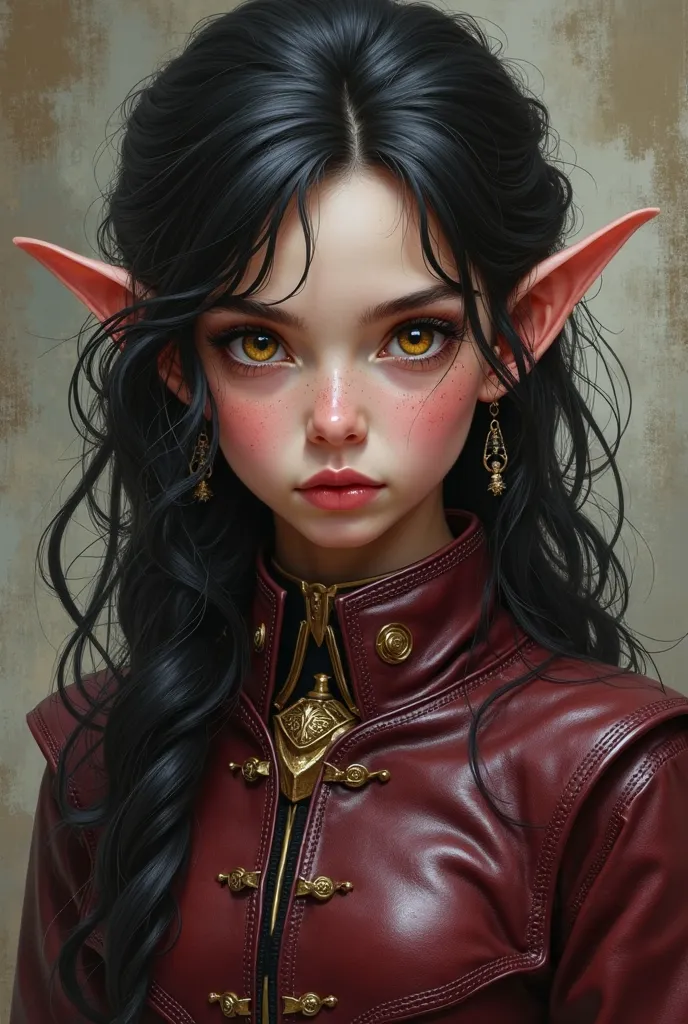 Portrait of a tiefling girl, burgundy leather, have dark hair, golden eyes, swirling eyes like a lamb, wizard traveler