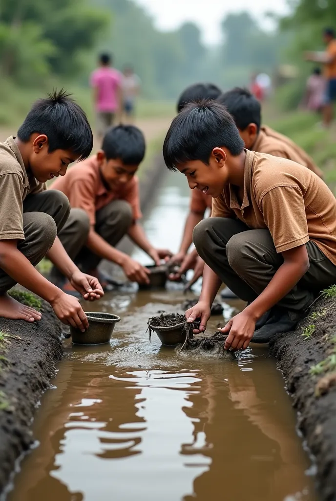 Cleaning the Canal
A group of ren, including two boys and a girl, working together to clean the canal. Some remove debris with their hands, while others use small buckets to scoop out mud. Their clothes are dirty, but their faces show enthusiasm and determ...