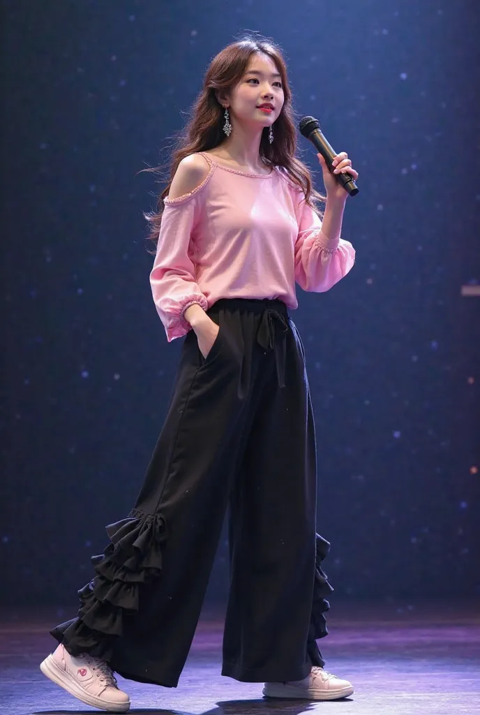 Beautiful young Korean girl is dancing at the stage wearing A delicate pink long-sleeve top with open shoulders, adding sophistication. The top looks comfortable thanks to its soft fabric, possibly cotton or knit. The black pants have wide, loose legs ador...