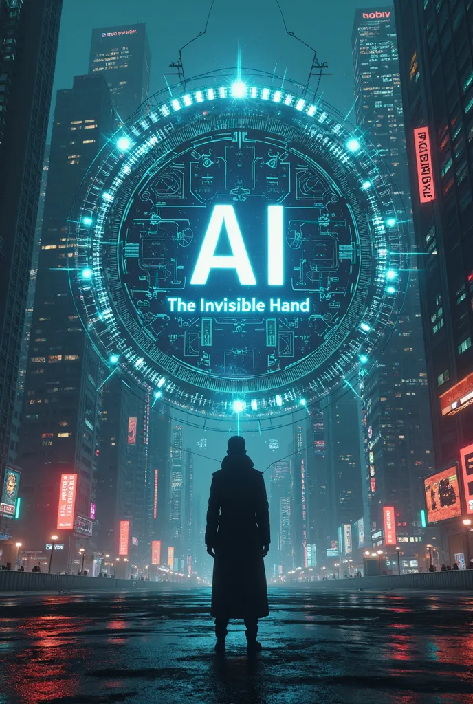 A dark, futuristic city skyline illuminated by neon blue and red lights, symbolizing the digital world. In the foreground, a mysterious figure stands in the shadows, gazing at a massive AI-powered holographic interface filled with glowing data streams, neu...