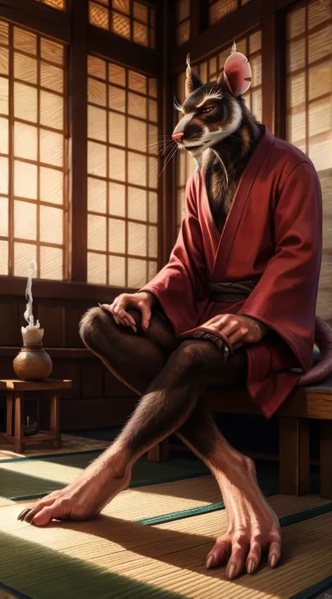 low-angle view,
standing, dojo, japanese temple, inside, clothed, kimono, red kimono, rat tail, goatee, brown body, white fur, black fur, bandages, safe,
(master splinter:1.2), meditating, crossed legs, sitting, closed eyes, solo, topwear, bottomwear, ince...