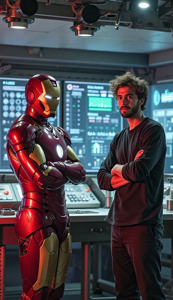 "Inside the high-tech, futuristic Stark Tower lab, with sleek metal surfaces and glowing holographic displays. Iron Man, in his red and gold armor, stands confidently in front of a control panel, arms crossed, while a young, extroverted male intern with me...