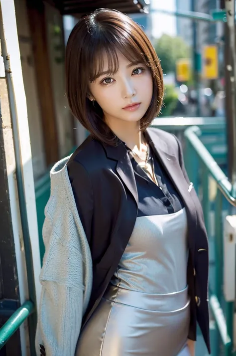 standing in the city、、high quality,超high definition,、1 person,full body、Shiny brown hair,(8k, 4K、最high quality, high definition, 超high definition:1.1)、thighs、((business suit)), (tight skirt)Pita shirt、 micro mini、necklaces、small breasts、Cool Look,and look ...