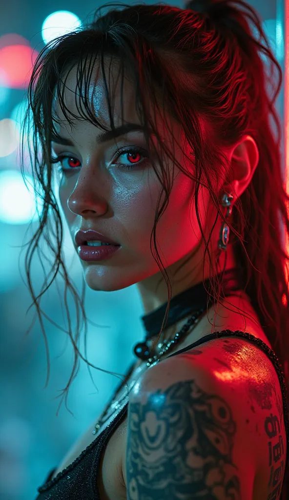 close-up,  The most beautiful, cyber woman, terminator, Cyborg, with a katana, hipster, brown-haired, Loose hair, in the tattoo , full length, cyberpunk 2077, лицо in the tattoo , red eyes, makeup, brown-haired, cybernetic, dark angel with wings, in a cybe...