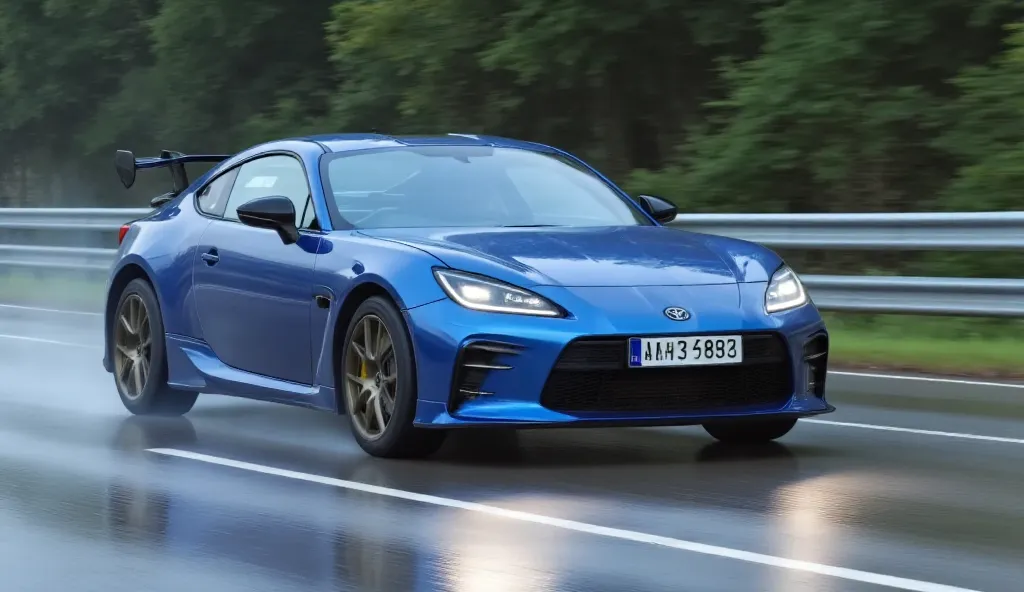 Blue GR86 vs black Porsche 911GT-3, 2 types of sports car dead heat, Running on the highway on a rainy night, (( cornering :1.6))