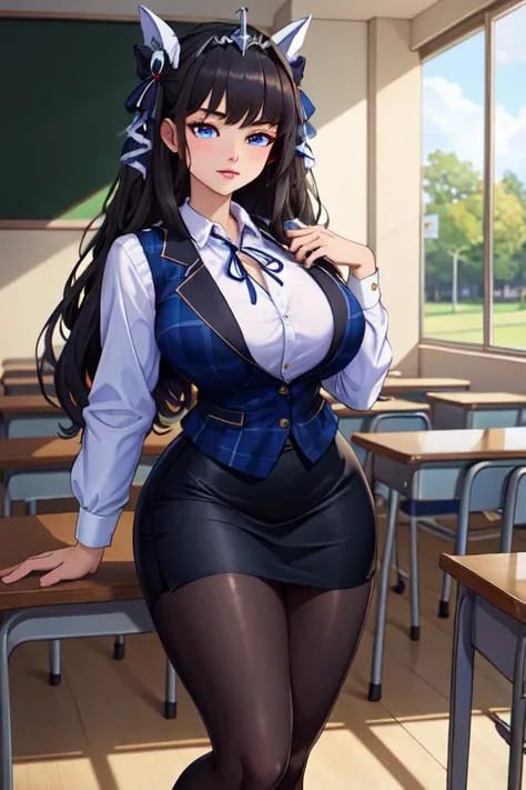 (masterpiece, best quality, absurdres, 4k, aesthetic, detailed, intricate),1girl,nikkecrwn,tiara, hair ribbon, long black drill hair, black hair, using a school uniform, Short frilled skirt, chest holster,
Officelady、navy blue plaid vest、Dark blue ribbon、W...