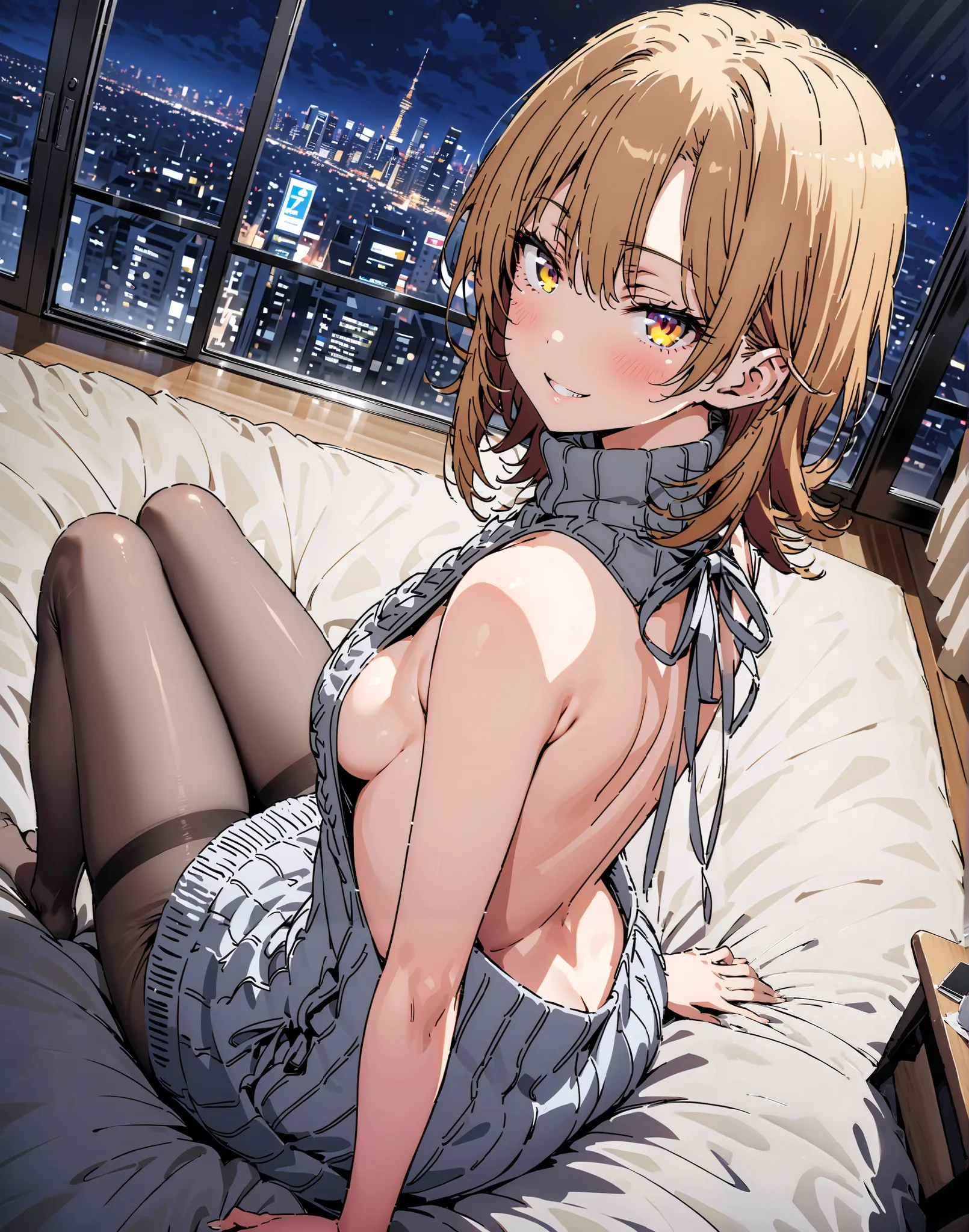 Irohaisshiki, Isshiki Iroha , short hair, brown hair, brown eyes,blushes,誘惑的なsmile,narrow your eyes, grin ,yellow virgin killer sweater, Naked Sweater, sweater dress, Open back clothing, turtleneck sweater with blush spoken, backless dress, sideboob,Glowin...