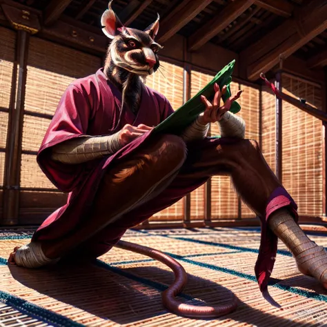 low-angle view,
standing, dojo, japanese temple, inside, clothed, kimono, red kimono, rat tail, goatee, brown body, white fur, black fur, bandages, safe,
(master splinter:1.2), meditating, crossed legs, sitting, closed eyes, solo, topwear, bottomwear, ince...