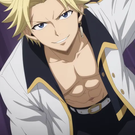 close-up, looking at viewer, score_9, score_8_up, score_7_up, source_anime, StingFT, Sting blonde hair, light yellow Sting, 1boy, male focus, anime screencap, a white men's jacket with black details, which fits his athletic figure. Underneath, he wears a b...