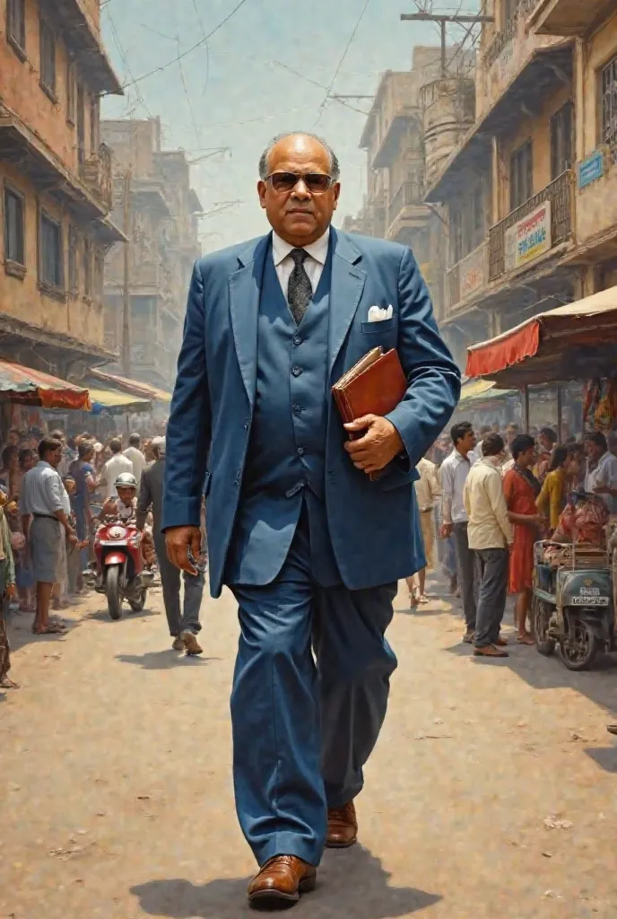 "A realistic painting of Dr. B.R. Ambedkar walking confidently, wearing a blue suit and holding a book. The background is an urban Indian street with vintage elements from the mid-20th century."
