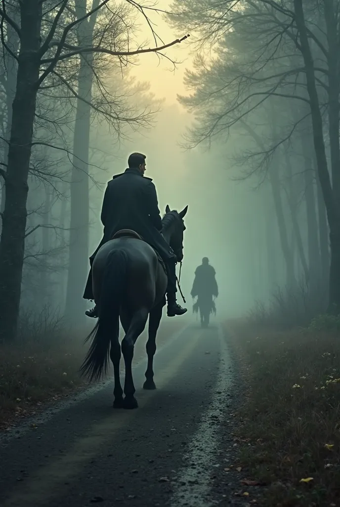  "The Rider's Journey"

A lone traveler sits atop a strong, black horse, guiding it through a misty forest at dawn. He is a man of mystery, his long coat flowing with the wind as he grips the reins. Every hoofbeat echoes with a purpose, for he is on a miss...