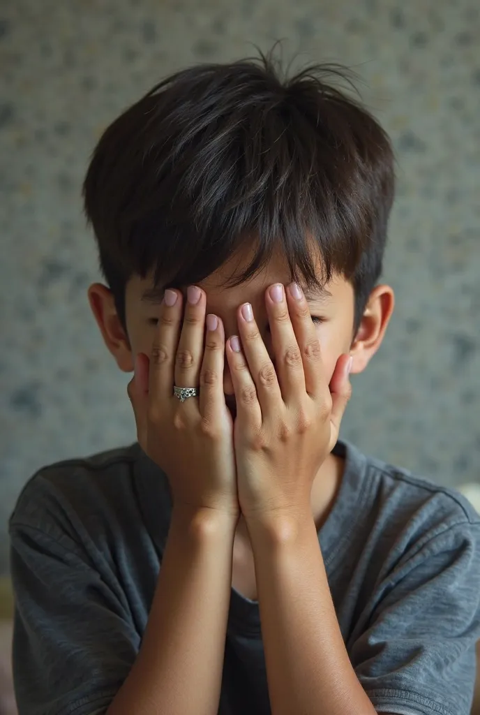 Image of real age boy covering his face