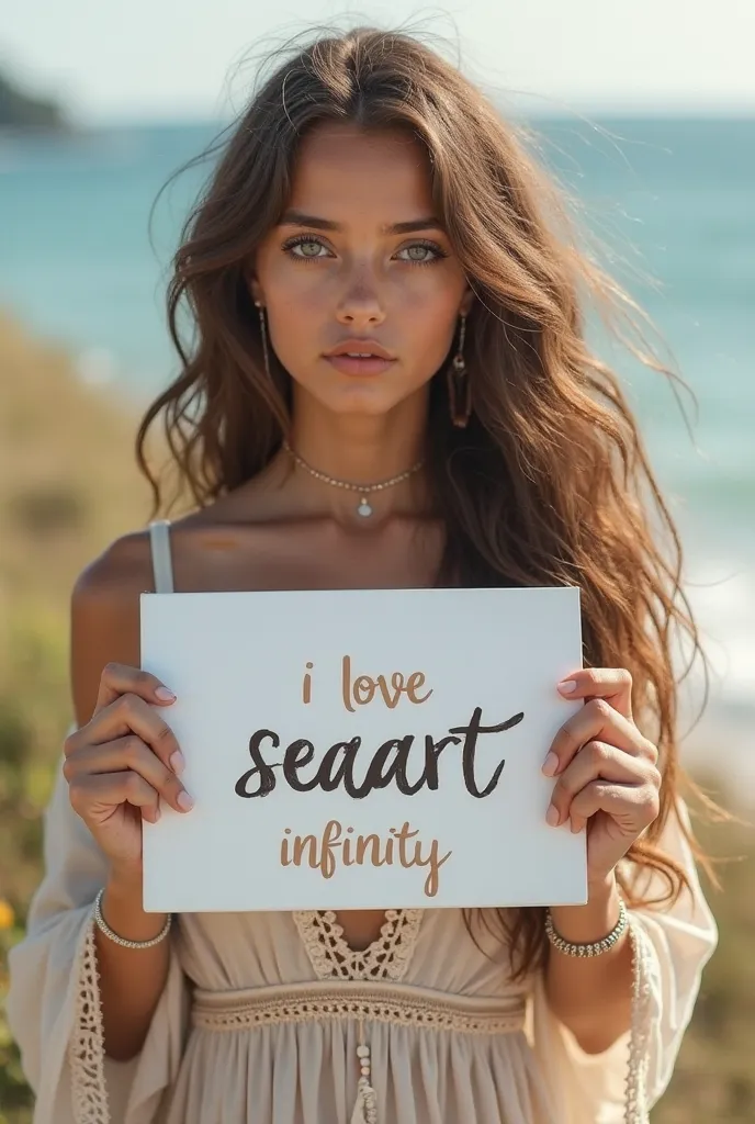 Beautiful girl with wavy long hair, bohemian dress, holding a white board with text "I Love Seaart Infinity" and showing it to the viewer