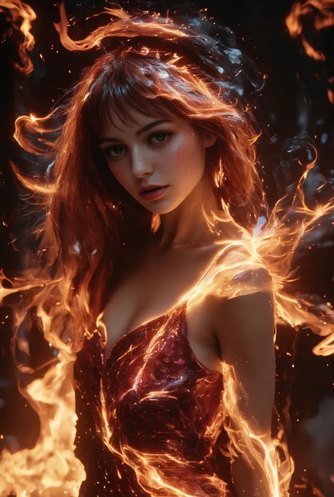 Beautiful smiling fire spirit（angle from waist up）scowl the person((Long Straight Glowing Red Hair))beautiful, smooth, white, silky skin((very, very big eyes that shine red)) very lean body、Beautiful, well-groomed face and accurate fingers、Very Luxurious F...