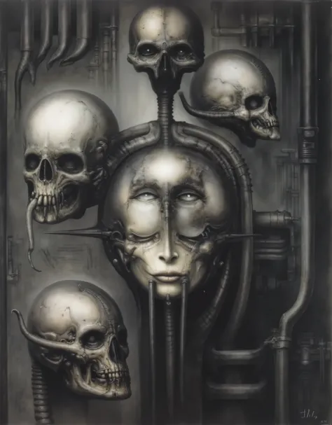 Please reproduce the original image as accurately as possible, capturing the intricate details of the biomechanical structures, the dramatic lighting, and the overall sense of unease. Find and enhance depiction of Giger's demons and creatures.(best quality...