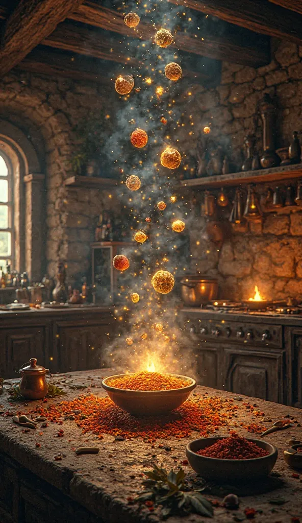 Medieval old but inside the kitchen　Spices floating in the air sparkle magically　night