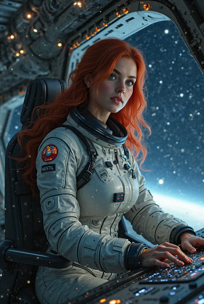 A female astronaut in a spaceship, stars in the sky, redhead