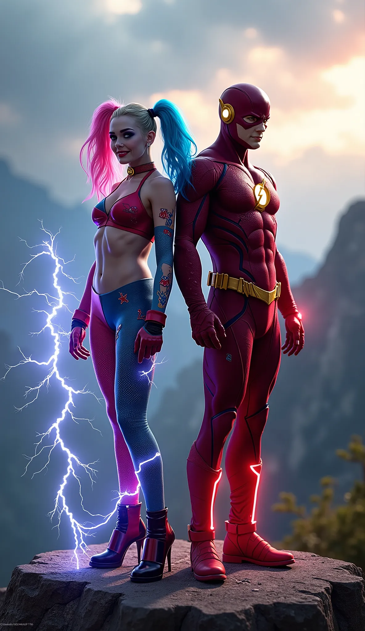 Harley Quinn stands next to The Flash closely, ultra realistic, 16k, standing tall, Sugarloaf Mountain background, blurred background, firing lightning at the background, beautiful, beautiful Harley Quinn appearance, Harley Quinn blue and pink hairstyle, s...