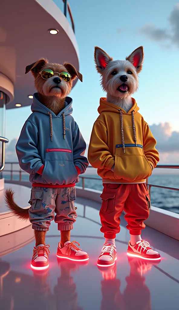 Two dogs are standing on two legs, wearing a hip-hop outfit, wearing neon glow shoes, standing on a yacht.