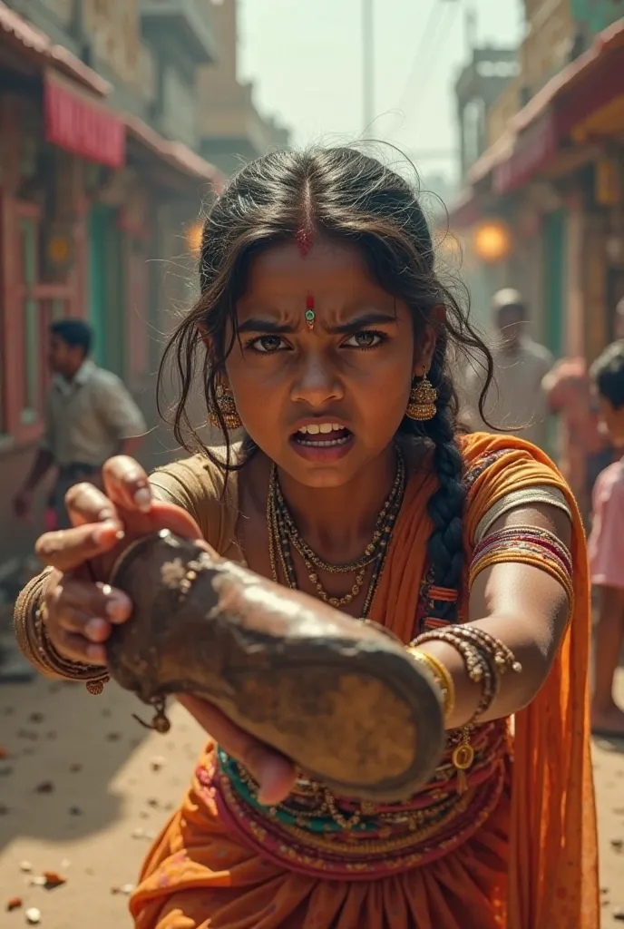 A girl angry is showing a slipper. In India 