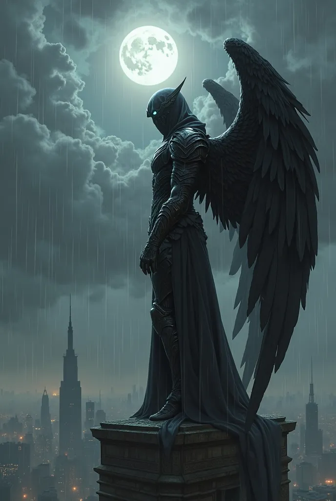 Side view of a hooded black armored fallen angel with black wings and light halo with Aura Midnight, City, rooftop bulding skyline Raining, storm, black clouds, bright moon