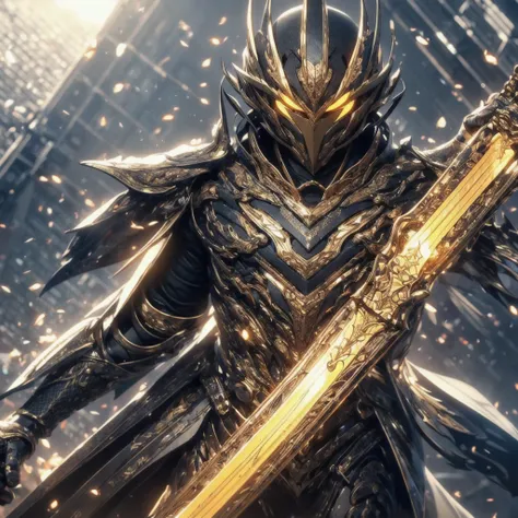 (Solo 1boy wearing black and gold armor, holding golden sword by the handle, glowing yellow eyes, cape:1.3), (black simple glowing background:1.25), masterpiece, best quality, wide-angle Hyperdetailed, masterpiece, best quality, 8k, natural lighting, soft ...