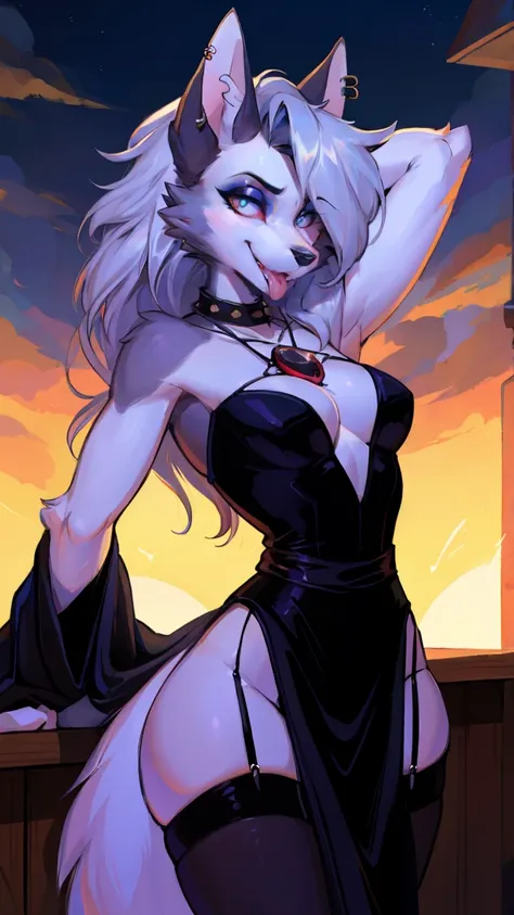  cute,furry的_ girl,Wolf_ girl,graceful figure, model body_type, detailed_ eyes,silver_hair, cute_ear,Wolf_ear,red black robe evening dress,beat,furry_fur,earrings,upper body,Garter,颈Garter,(perfect  detailed  eyes:1.5),Jewelry, blank  eyes,brooch,Smile,(fo...