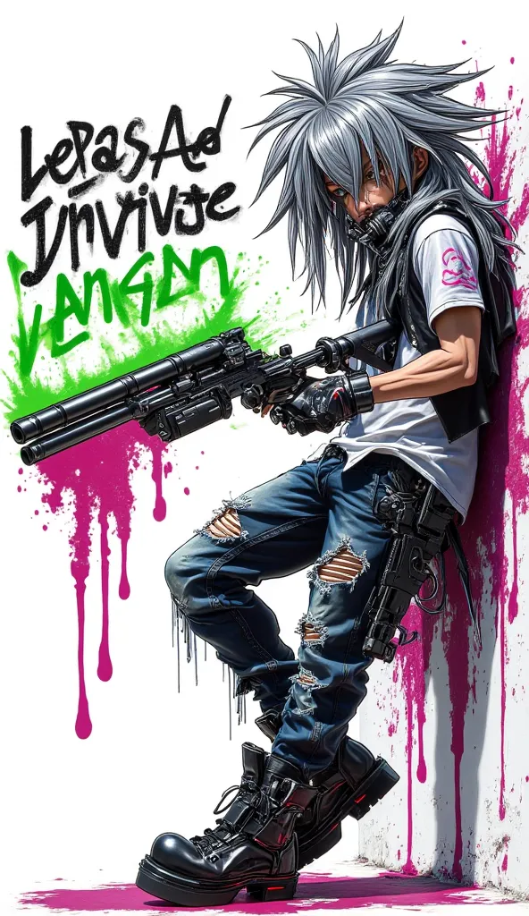 "A cartoon man handsome who rebelled with small eyes, expressive and long hair, wild silver and black." He shakes ripped tee bands, long jeans, and high platform shoes, leaning against the graffiti wall while holding shotguns. White background. The text "L...