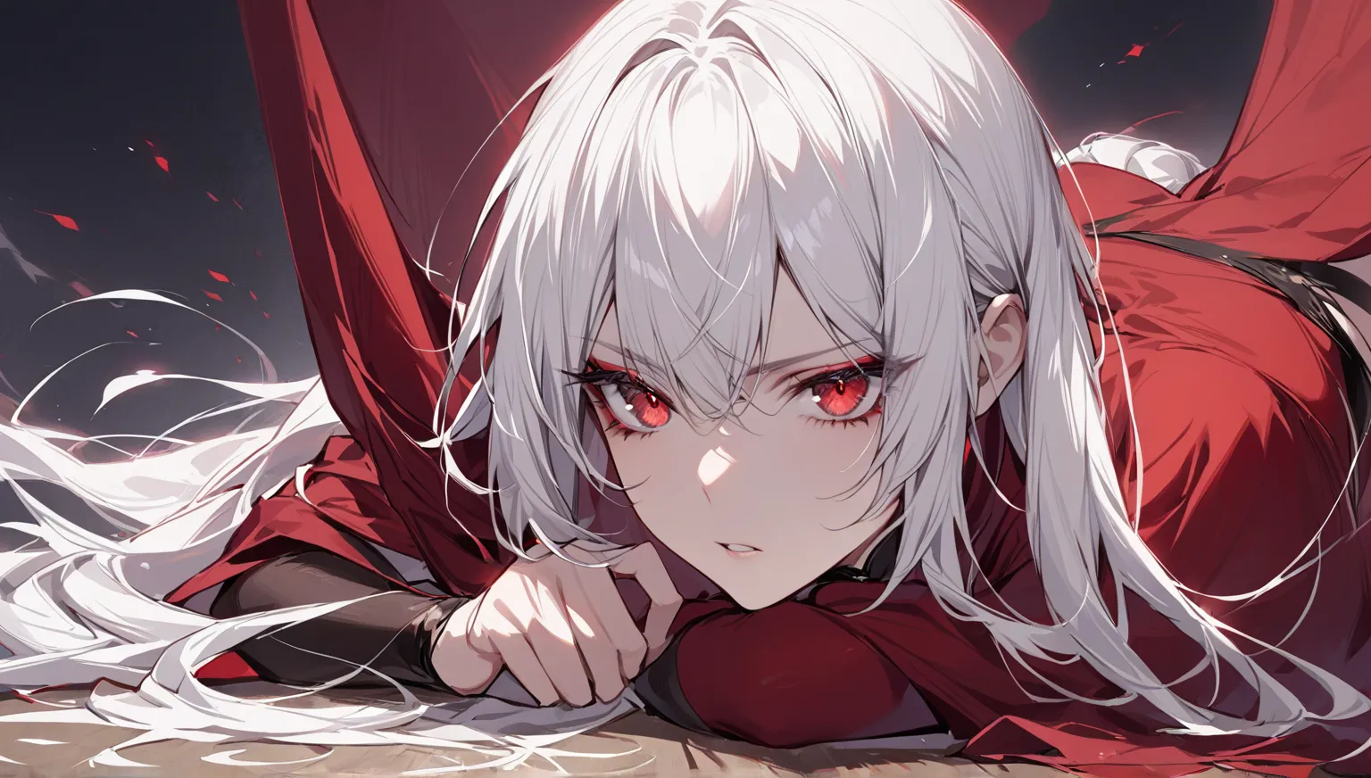 Drawing of a beautiful girl, white hair, red eyes, wearing a simple dark red long dress in Chinese style, outside is a dark red cloak, exuding an arrogant, domineering look 