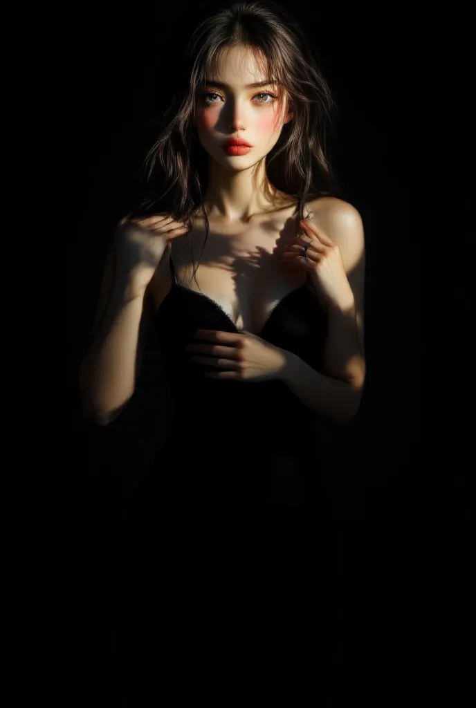 A captivating portrait of a young woman in a black dress, her long hair elegantly flowing against a dark backdrop. Focus on the delicate interplay of light that highlights her facial features and emphasizes texture in the hair. The composition should evoke...