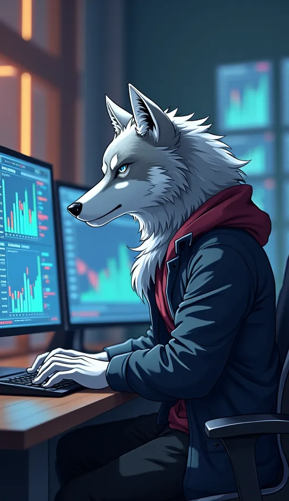 anime wolf in front of computer with trading theme with nickname marshal

