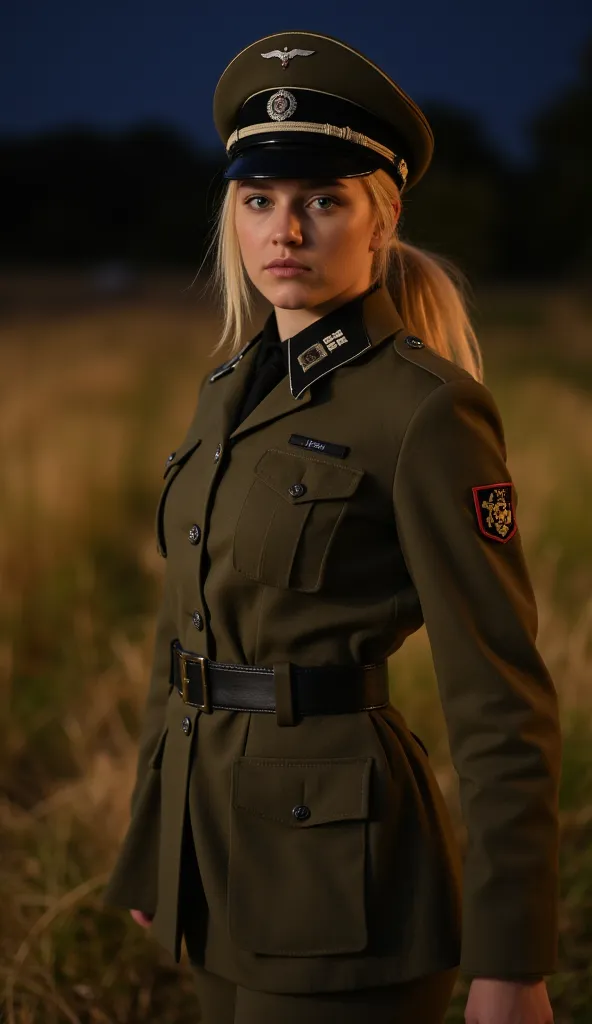 A young blonde woman wearing a World War II-era German uniform M40, standing outdoors night in a natural setting. Withot cap. She has ponytail hair. She is hot posing like a model at the full height. She wears short german ww2 boots. The image has the aest...