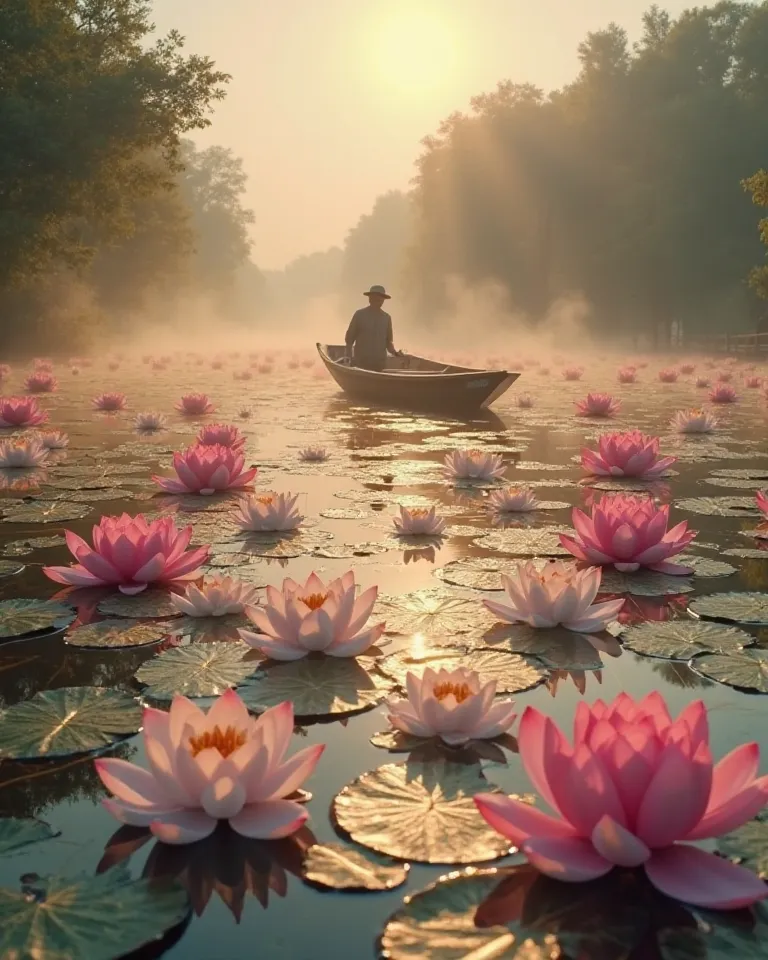 A peaceful river covered in floating pink and white lotus blossoms, their petals glowing under the golden morning light. Mist rises from the water, and an old wooden boat drifts slowly among the flowers, guided by a lone traveler.