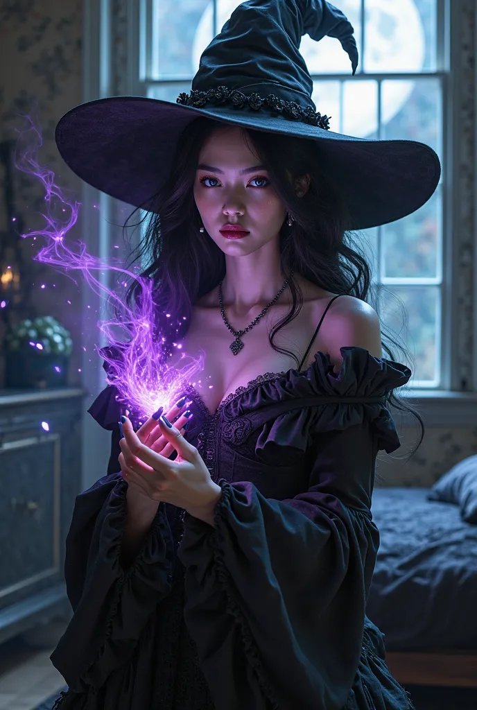 1girl, sublime black hair, flowing hair pale skin, bright blue eyes, enormous black ruffled witch hat, stygian ruffled robes, onyx painted plump lips, tenebrous wand in her hands, dark bed, obscure room, full moon outside of a window, cute, pretty, small b...