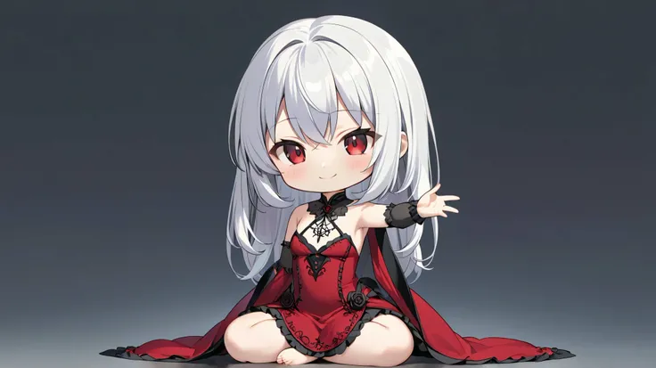 Gothic Maiden Anime Girl, beautiful charming anime girl,White-haired goddess, red eyes, red dress, alone, from the front, smile, chibi, ((seiza)), ((sitting)), One arm raised up, simple background