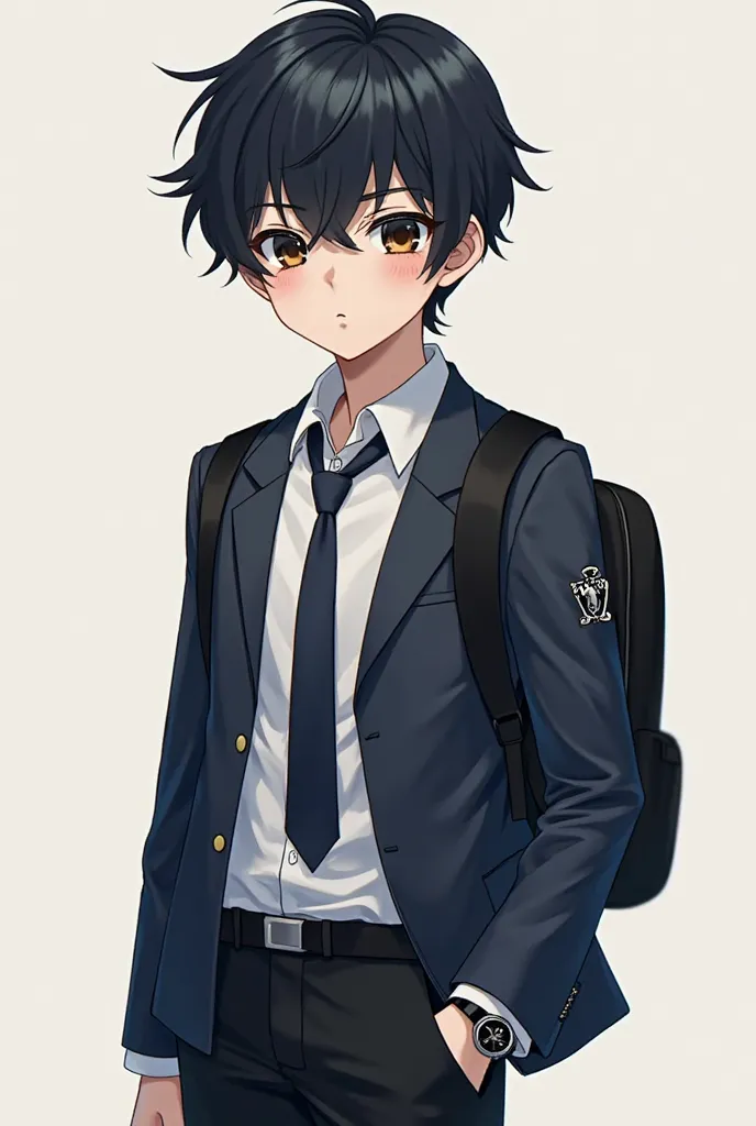  Dark Haired Boy , short, smooth, slightly disheveled hair, bangs that are slightly above his eyes.  dark brown eyes, Almost black ,  With. his eyes convey a mixture of coldness and sadness. Skin Fair,  But not pale , has a healthy color. Detailed face, Di...