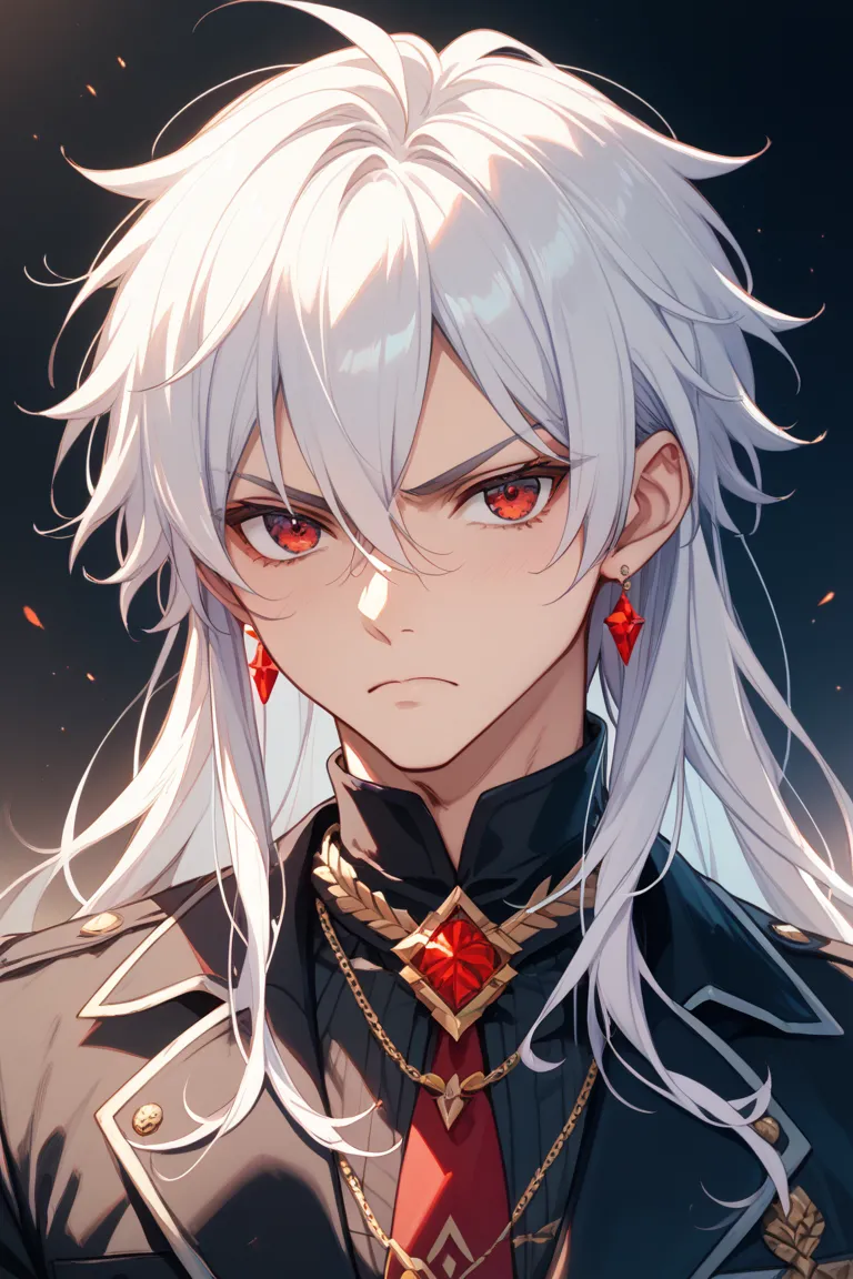 Arquero、 neutral、white hair、red eyes、long hair、 Dark 、chic、 male、I&#39;m sick、scowl the person、no expression、soft expression