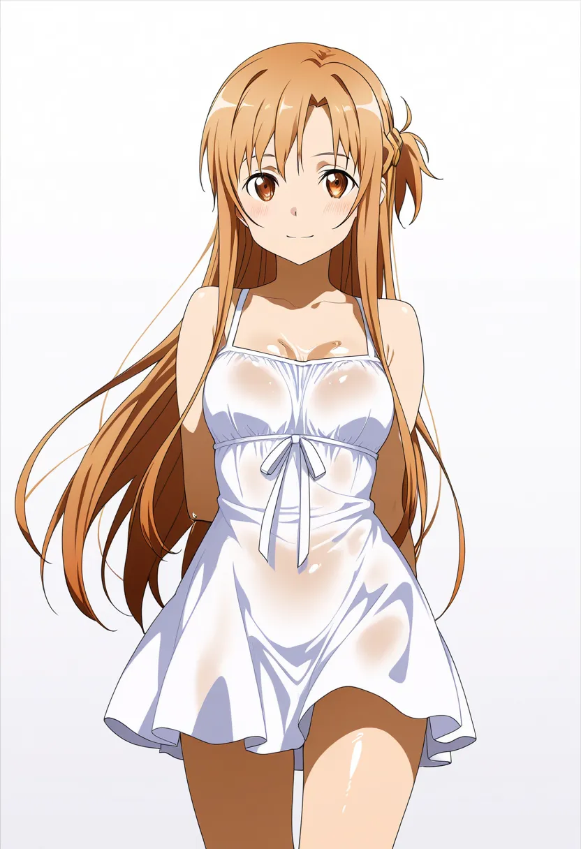 cowboy shot,1girl,Score_9, Score_8_up, Score_7_up, Score_6_up, Score_5_up, Score_4_up, best quality,{{ANIME COLORING}},masterpiece, best quality, Blush female,Oily skin female,oiled, official style,asuna \(sao\), sword art online,white sundress,standing,lo...